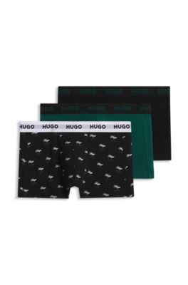 Three-pack of logo-waistband trunks in stretch cotton, Black / Green