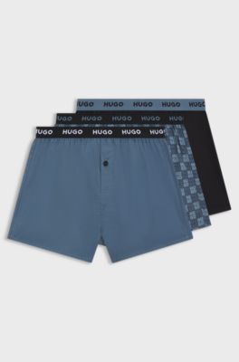Lot de trois boxers en coton avec taille logot&eacute;e, Bleu