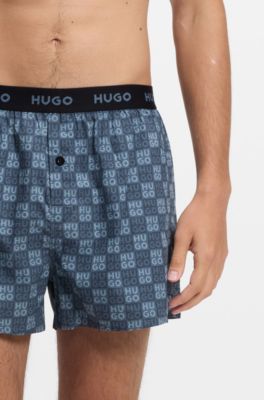 Lot de trois boxers en coton avec taille logot&eacute;e, Bleu