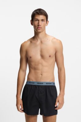 Lot de trois boxers en coton avec taille logot&eacute;e, Bleu
