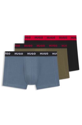 Three-pack of stretch-cotton logo-waist trunks, Black / Green / Blue