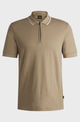 Structured-cotton polo shirt with zip placket, Light Beige