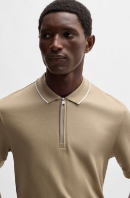 Structured-cotton polo shirt with zip placket, Light Beige