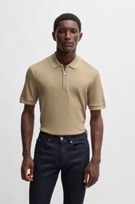 Structured-cotton polo shirt with zip placket, Light Beige