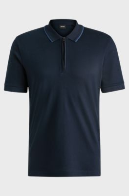 Structured-cotton polo shirt with zip placket, Dark Blue