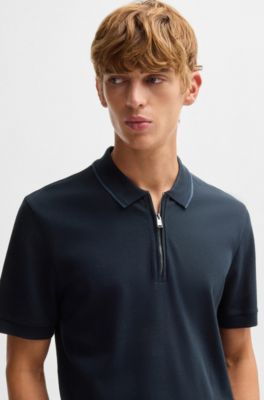Structured-cotton polo shirt with zip placket, Dark Blue