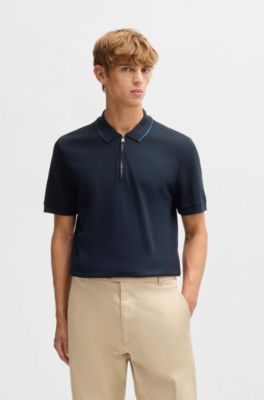 Structured-cotton polo shirt with zip placket, Dark Blue