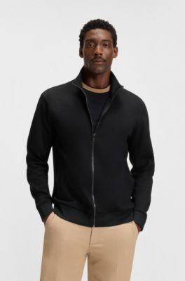 ジップアップ スウェットシャツ シルケット ストレッチコットン ピケ, ブラック