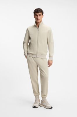 Zip-up sweatshirt in mercerised stretch-cotton piqu&eacute;, Light Beige