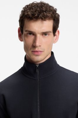 Zip-up sweatshirt in mercerised stretch-cotton piqu&eacute;, Dark Blue