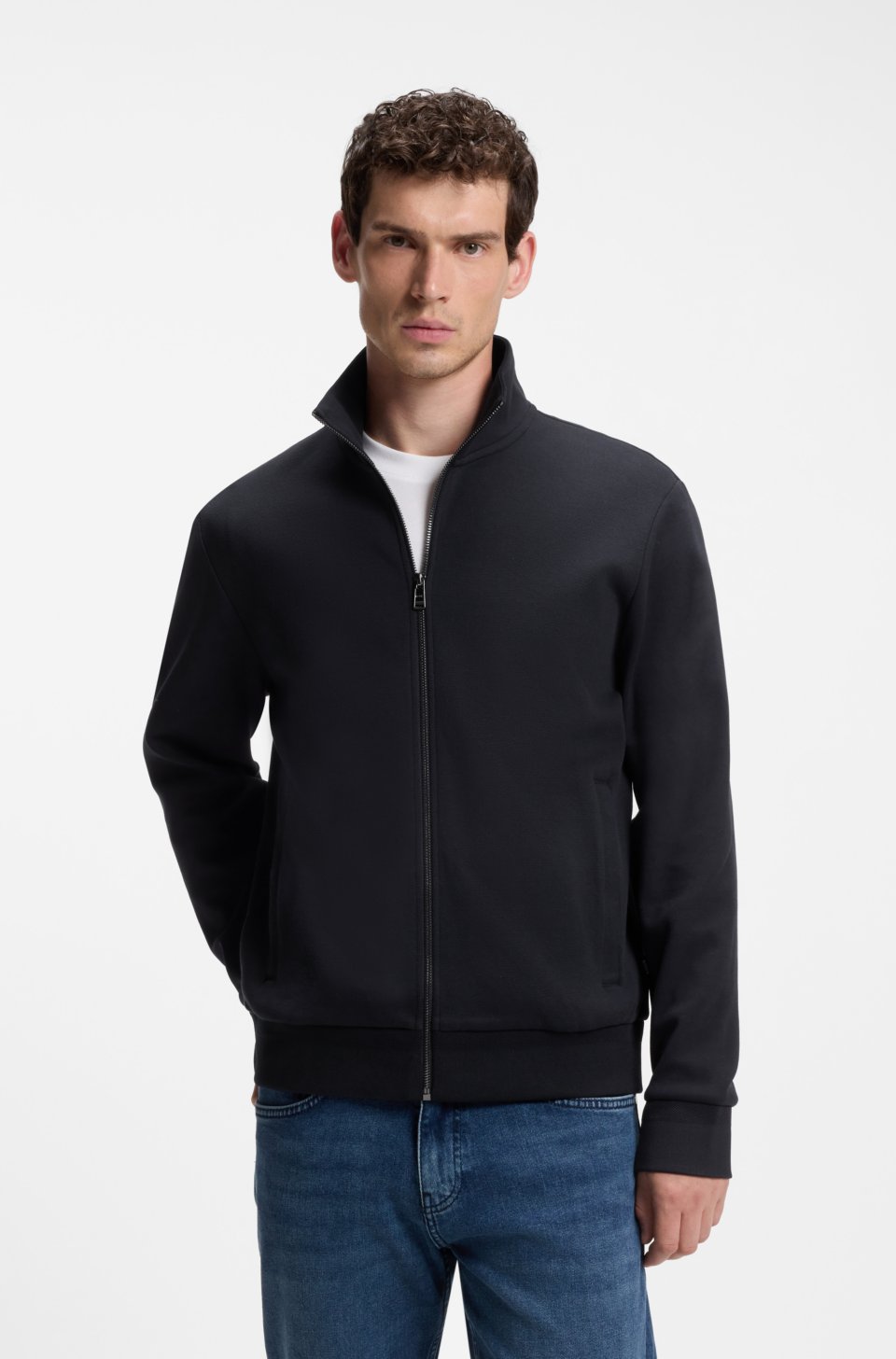 Zip-up sweatshirt in mercerised stretch-cotton piqué