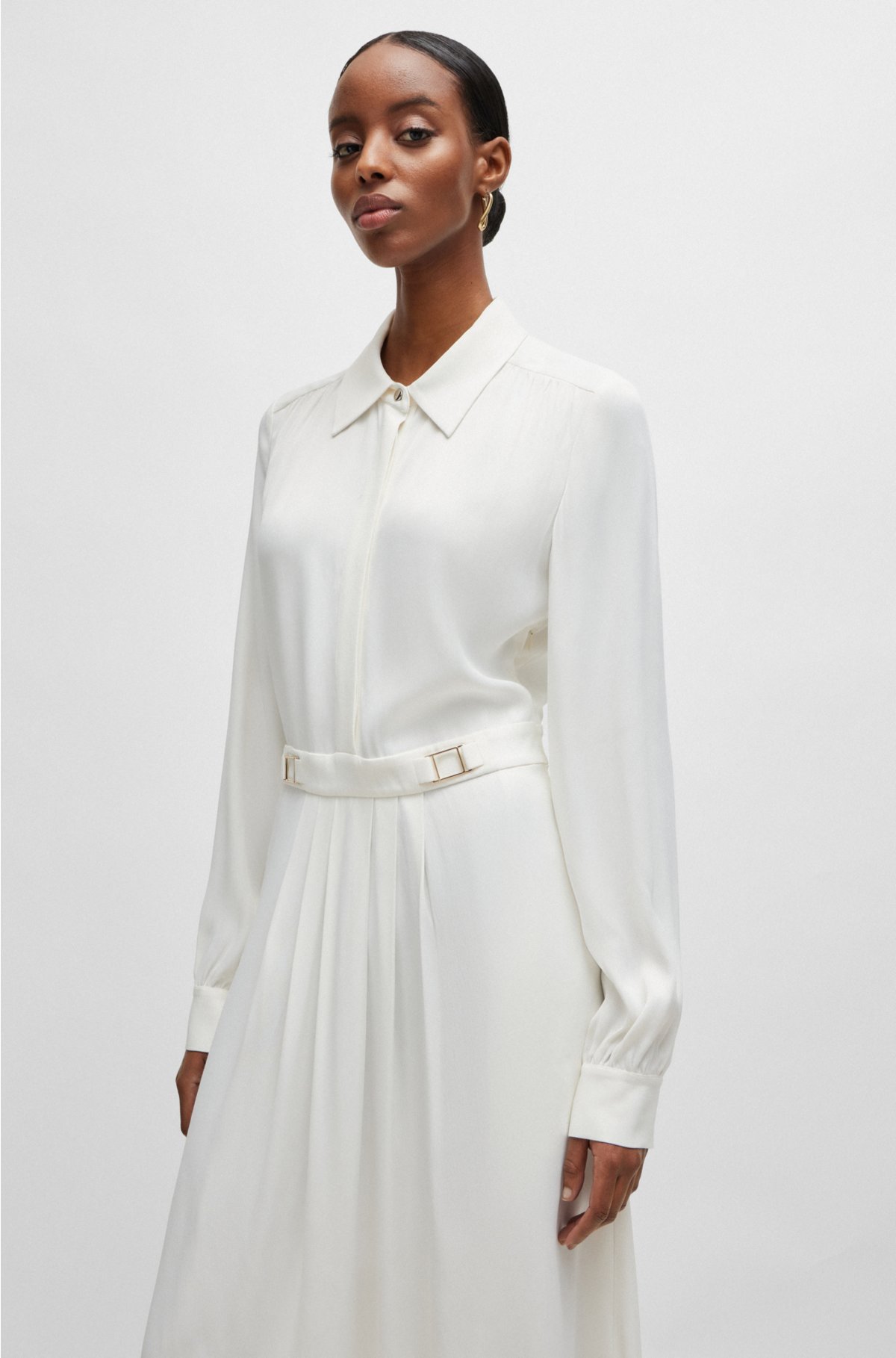 Long-sleeved dress with waistband details, White