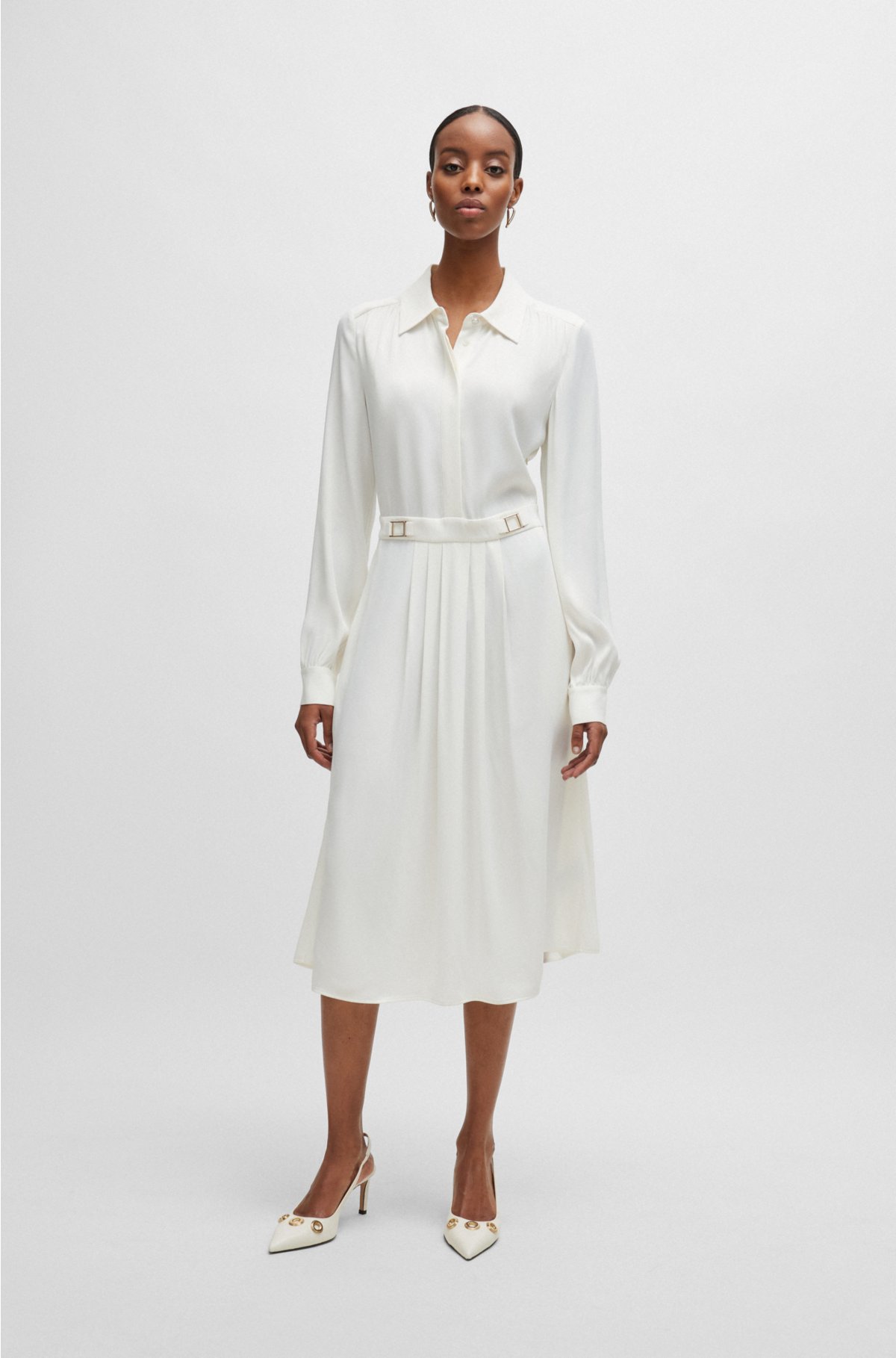 Long-sleeved dress with waistband details, White