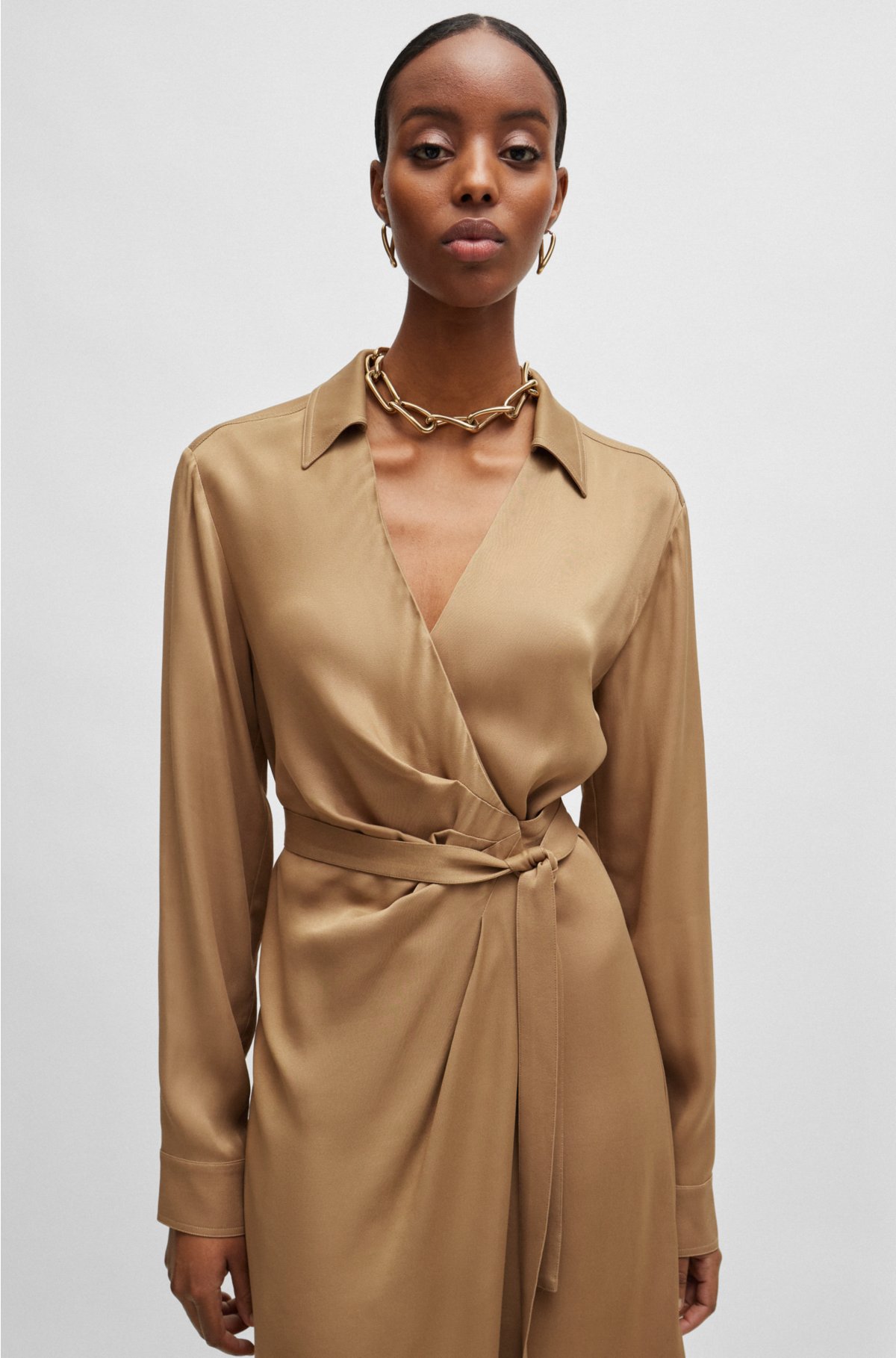 Wrap-front dress with collar detail, Light Brown