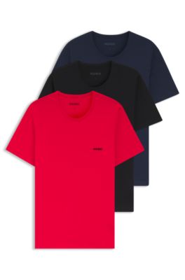 Set van drie katoenen T-shirts met ronde hals, Blauw / Rood / Zwart