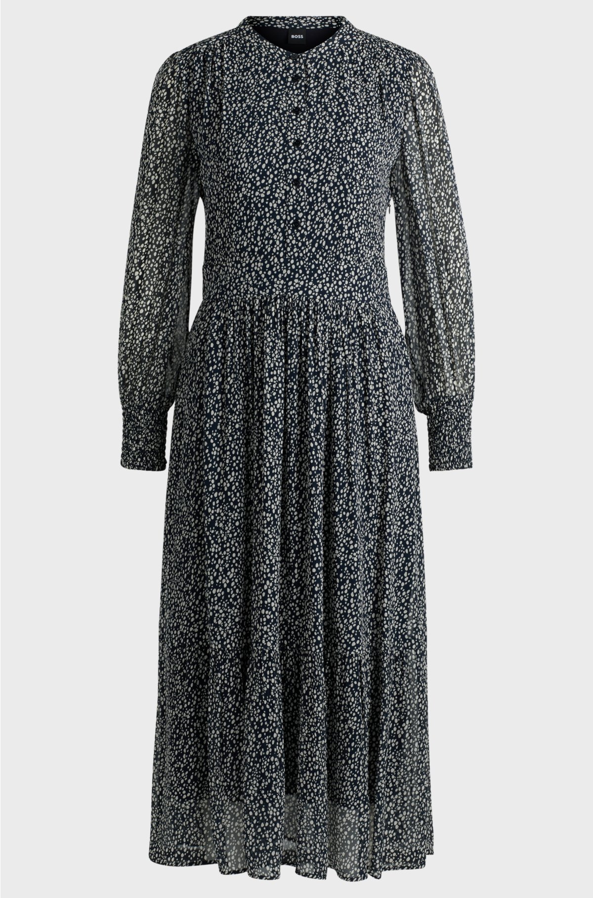 Printed dress with long sleeves, Dark Blue