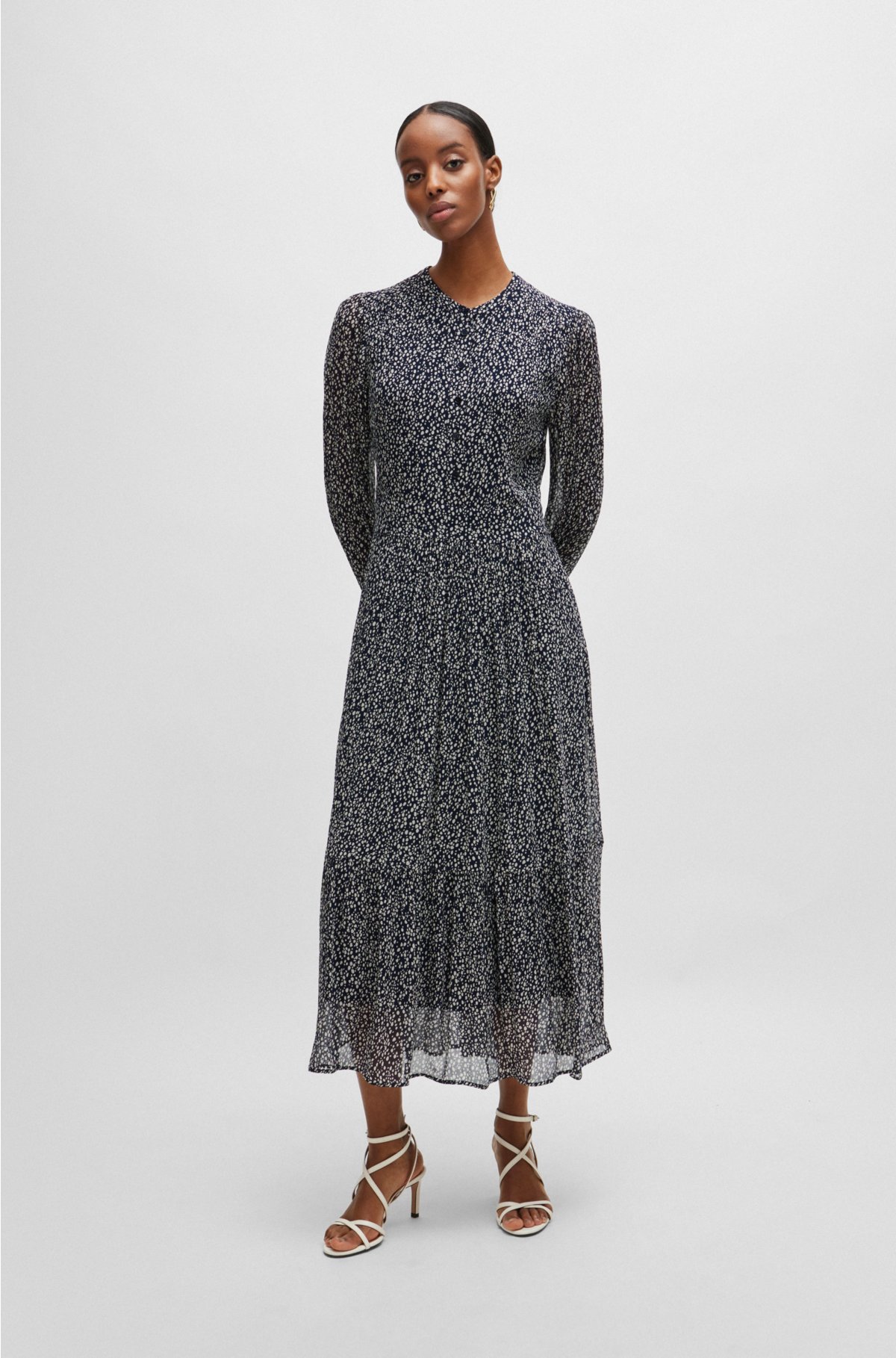 Printed dress with long sleeves, Dark Blue