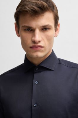 Regular-fit shirt in structured cotton, Dark Blue