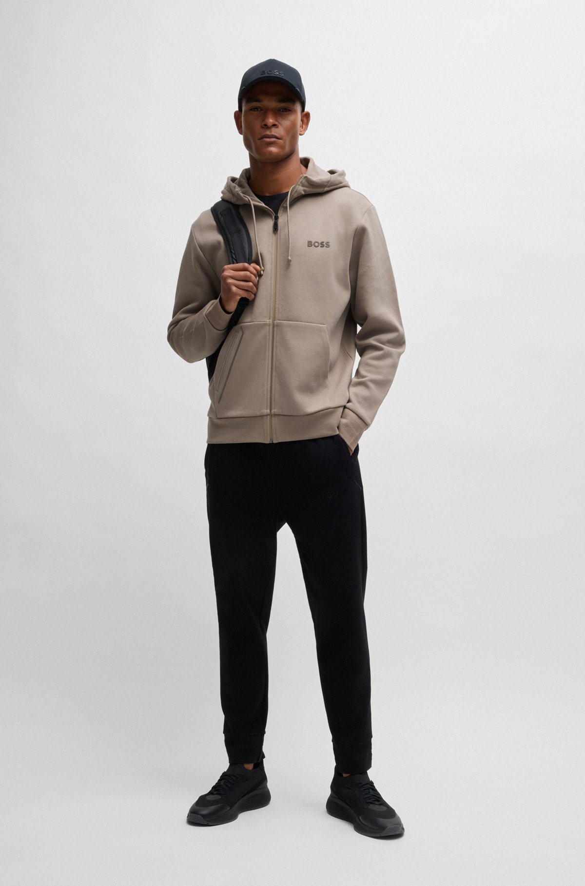 BOSS - Cotton-blend zip-up hoodie with logo detail - Beige BOSS - Cotton-blend zip-up hoodie with logo detail - Beige