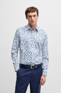 Regular-fit shirt in floral-print stretch-cotton poplin, Blue Patterned