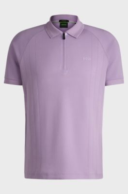 Cotton-blend polo shirt in drop-needle stretch fabric, Light Purple
