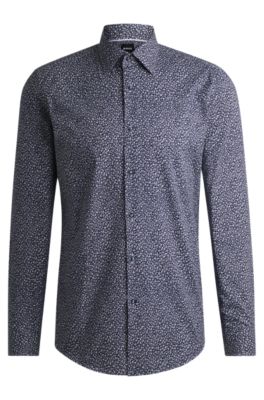 Slim-fit shirt in printed stretch-cotton poplin, Blue Patterned