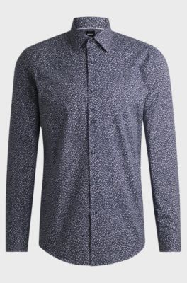 Slim-fit shirt in printed stretch-cotton poplin, Blue Patterned