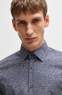 Slim-fit shirt in printed stretch-cotton poplin, Blue Patterned