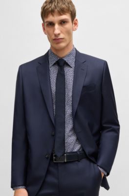 Slim-fit shirt in printed stretch-cotton poplin, Blue Patterned