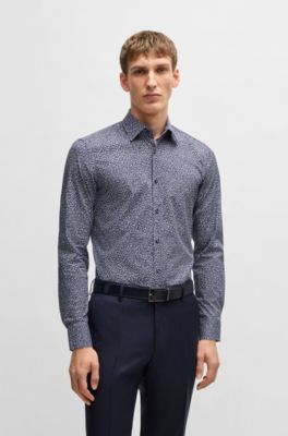 Slim-fit shirt in printed stretch-cotton poplin, Blue Patterned