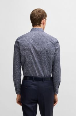 Slim-fit shirt in printed stretch-cotton poplin, Blue Patterned