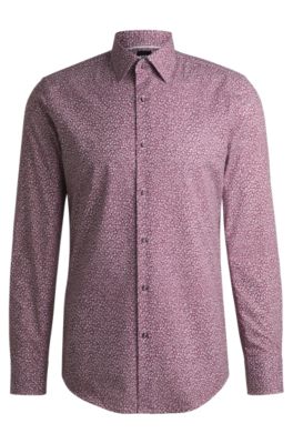 Slim-fit shirt in printed stretch-cotton poplin, Pink Patterned