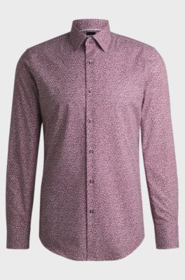 Slim-fit shirt in printed stretch-cotton poplin, Pink Patterned