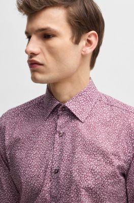Slim-fit shirt in printed stretch-cotton poplin, Pink Patterned