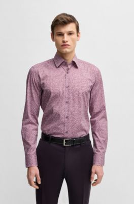 Slim-fit shirt in printed stretch-cotton poplin, Pink Patterned