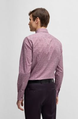 Slim-fit shirt in printed stretch-cotton poplin, Pink Patterned