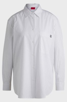 Oversized-fit blouse in striped cotton with butterfly print, White Patterned