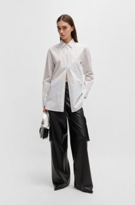 Camicetta oversize in cotone a righe con stampa con farfalle, Bianco a motivi