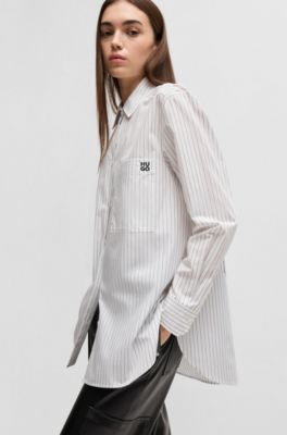 Oversized-fit blouse in striped cotton with butterfly print, White Patterned