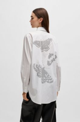 Camicetta oversize in cotone a righe con stampa con farfalle, Bianco a motivi