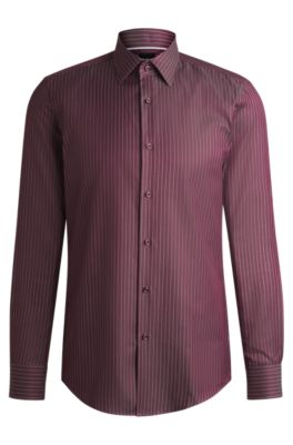 Slim-fit shirt in striped cotton twill, Pink Patterned