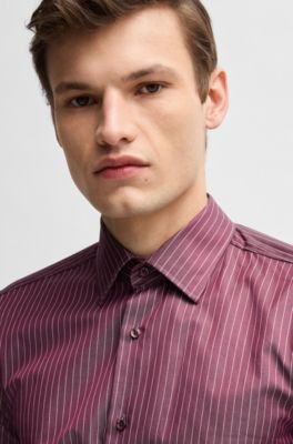 Slim-fit shirt in striped cotton twill, Pink Patterned