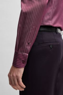 Slim-fit shirt in striped cotton twill, Pink Patterned