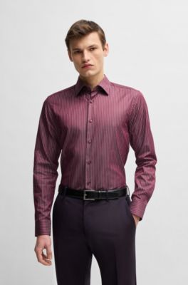 Slim-fit shirt in striped cotton twill, Pink Patterned