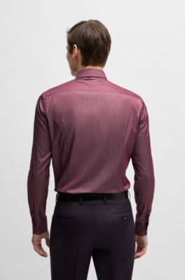 Slim-fit shirt in striped cotton twill, Pink Patterned