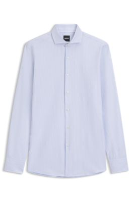 Slim-fit shirt in striped cotton, Blue Patterned