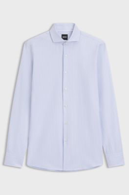 Slim-fit shirt in striped cotton, Blue Patterned