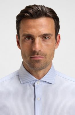 Slim-fit shirt in striped cotton, Blue Patterned