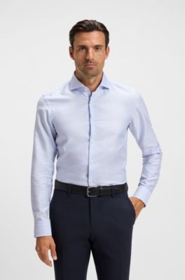 Slim-fit shirt in striped cotton, Blue Patterned