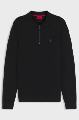 Zip-neck knit polo with stacked logo, Black